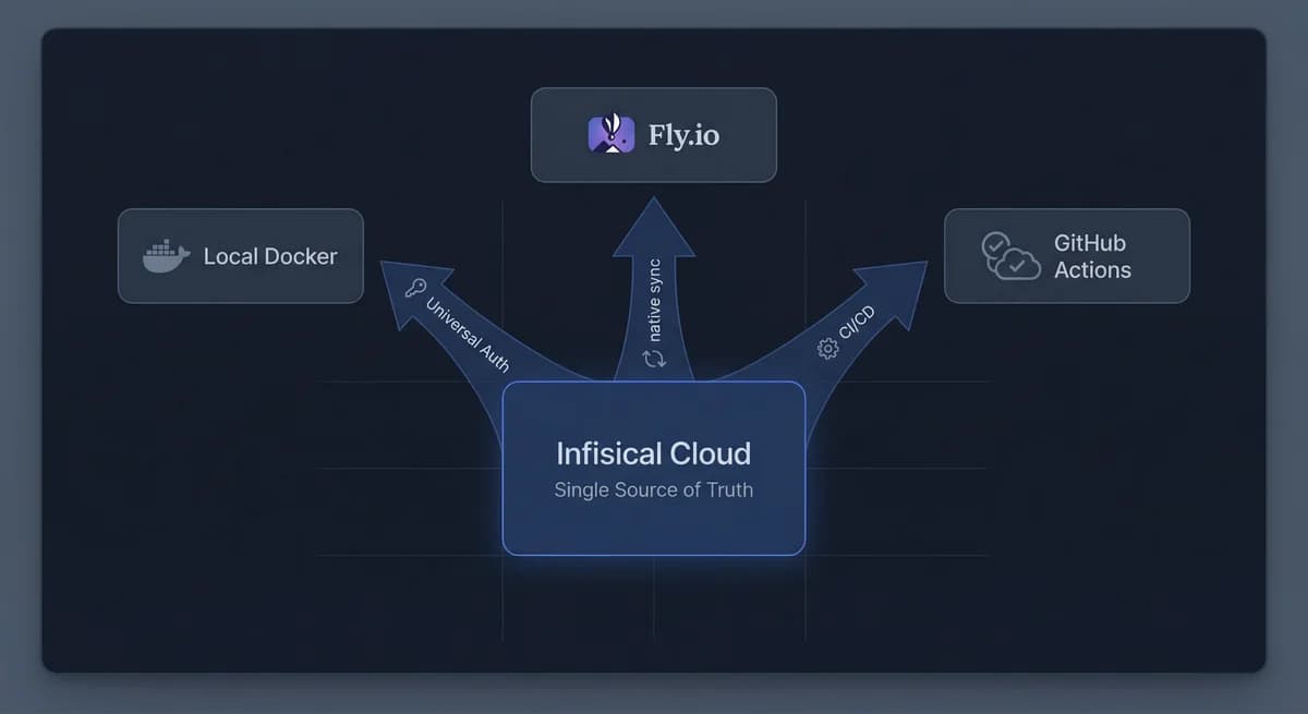 Infisical Cloud diagram integrating Local Docker, Fly.io, GitHub Actions.
