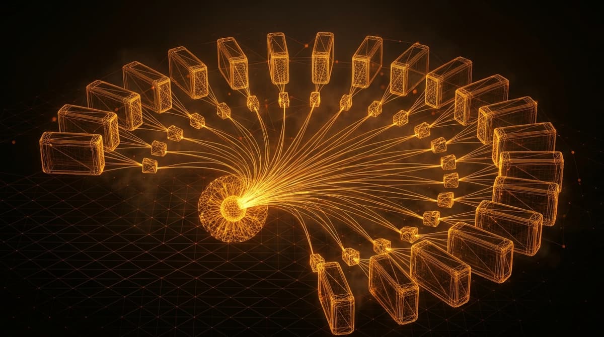 AI agent orchestration visualized — a central control hub radiating glowing amber threads to many wireframe agent nodes, each tethered to a floating repository block: one operator directing many AI coding agents across repositories in parallel.