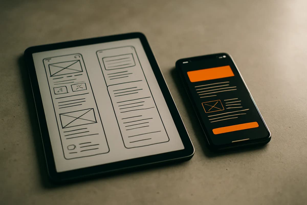 A tablet showing a greyscale wireframe beside a phone showing the same layout rendered with orange accents.