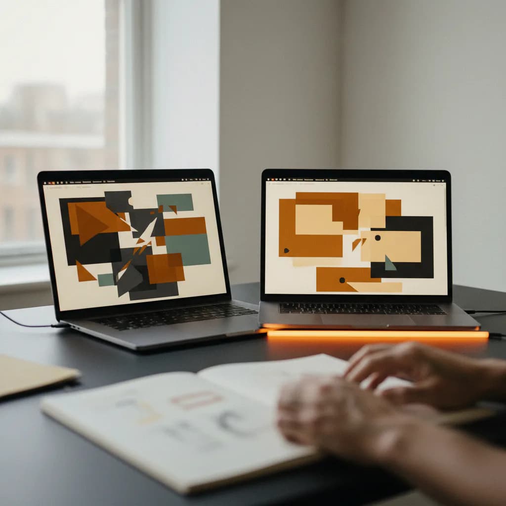 Two laptops showing abstract collage layouts, with a person's hands resting on an open notebook in front of them.