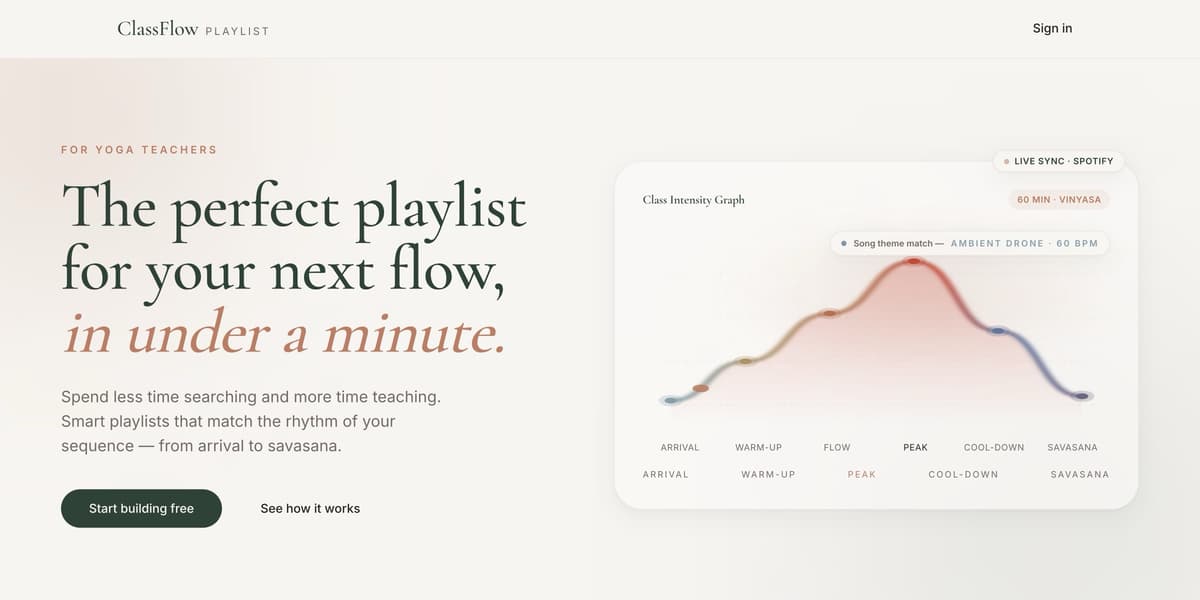 Product screenshot — ClassFlow — playlist intelligence for movement classes