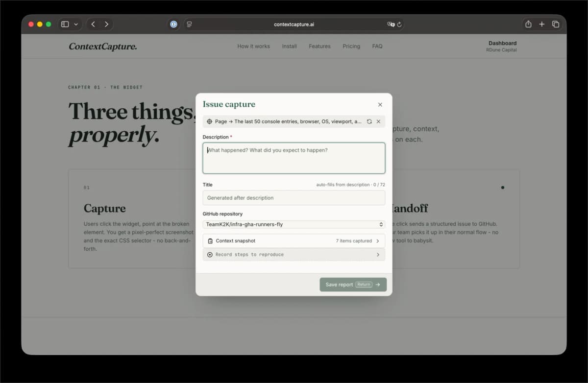 Context Capture — bug reports with the page included — gallery