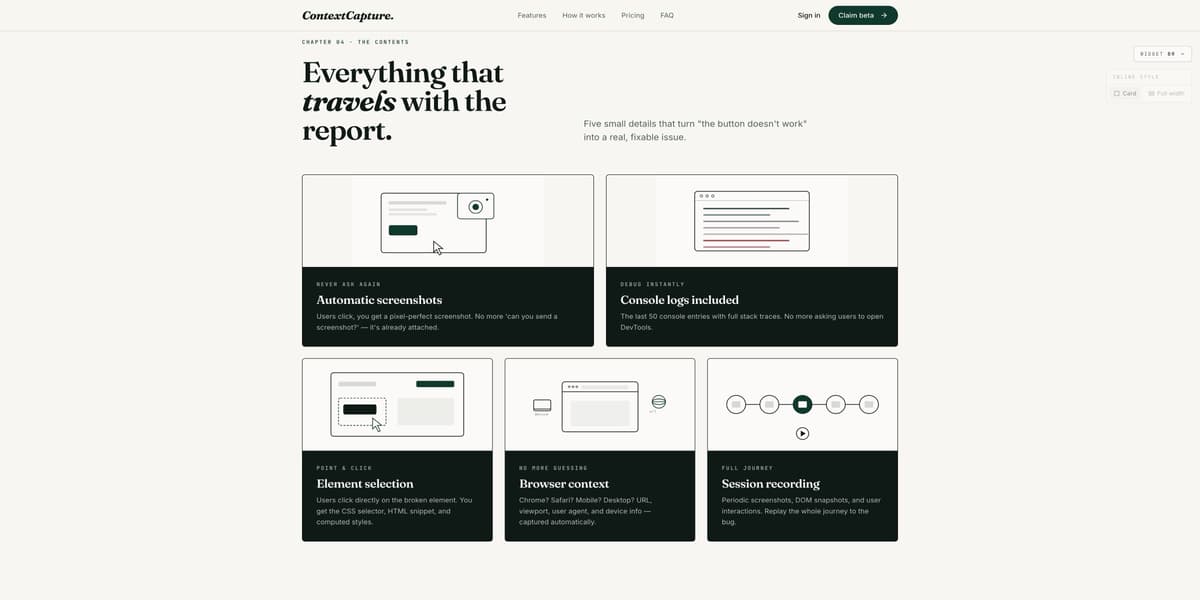 Product screenshot — Context Capture — bug reports with the page included