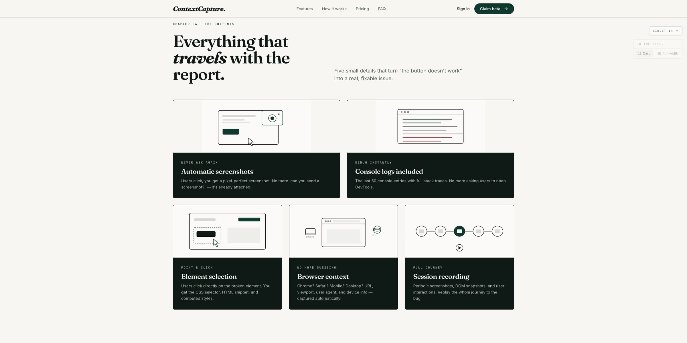 Product screenshot — Context Capture — bug reports with the page included