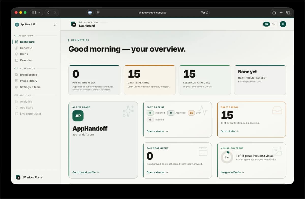 Shadow Posts — AI content generation workspace — gallery