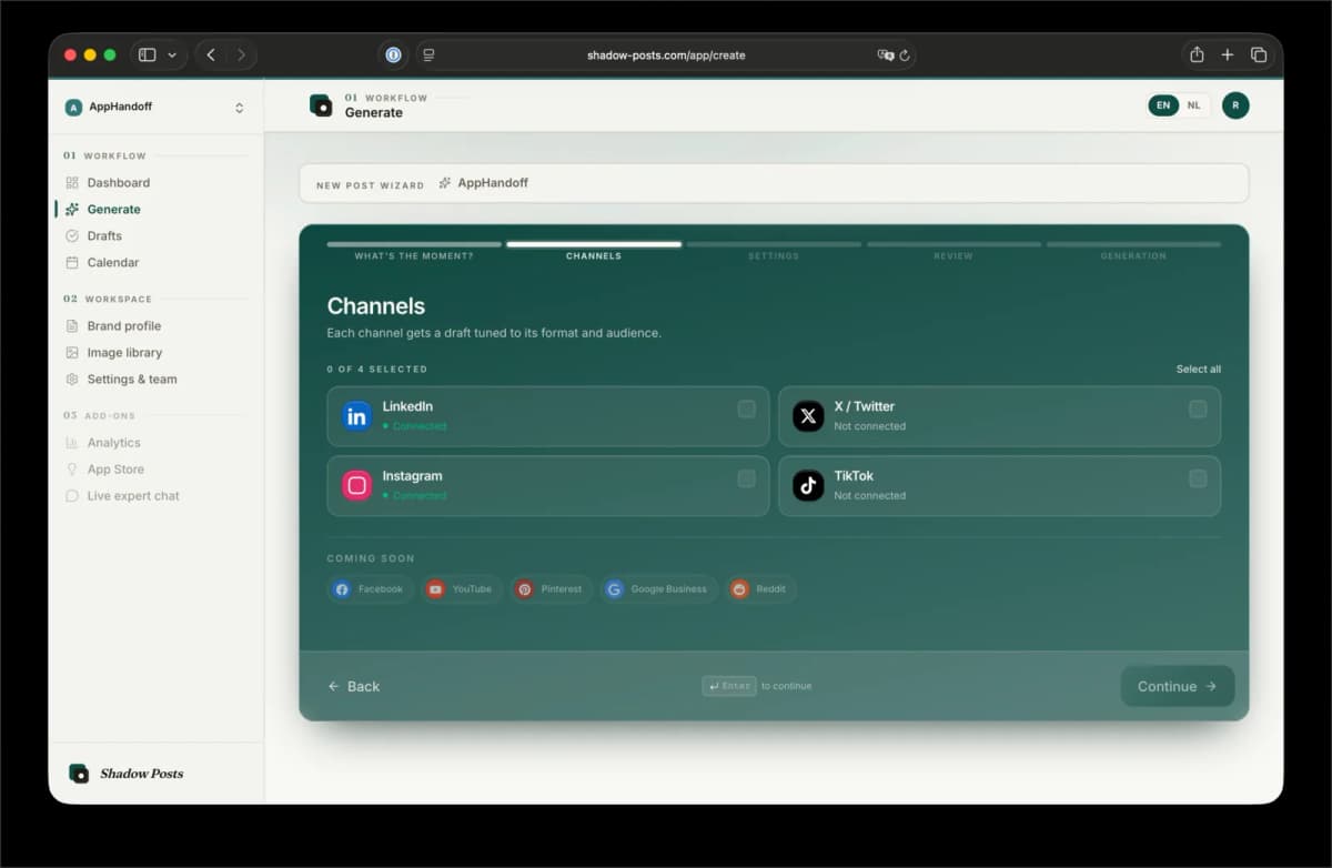 Shadow Posts — AI content generation workspace — gallery
