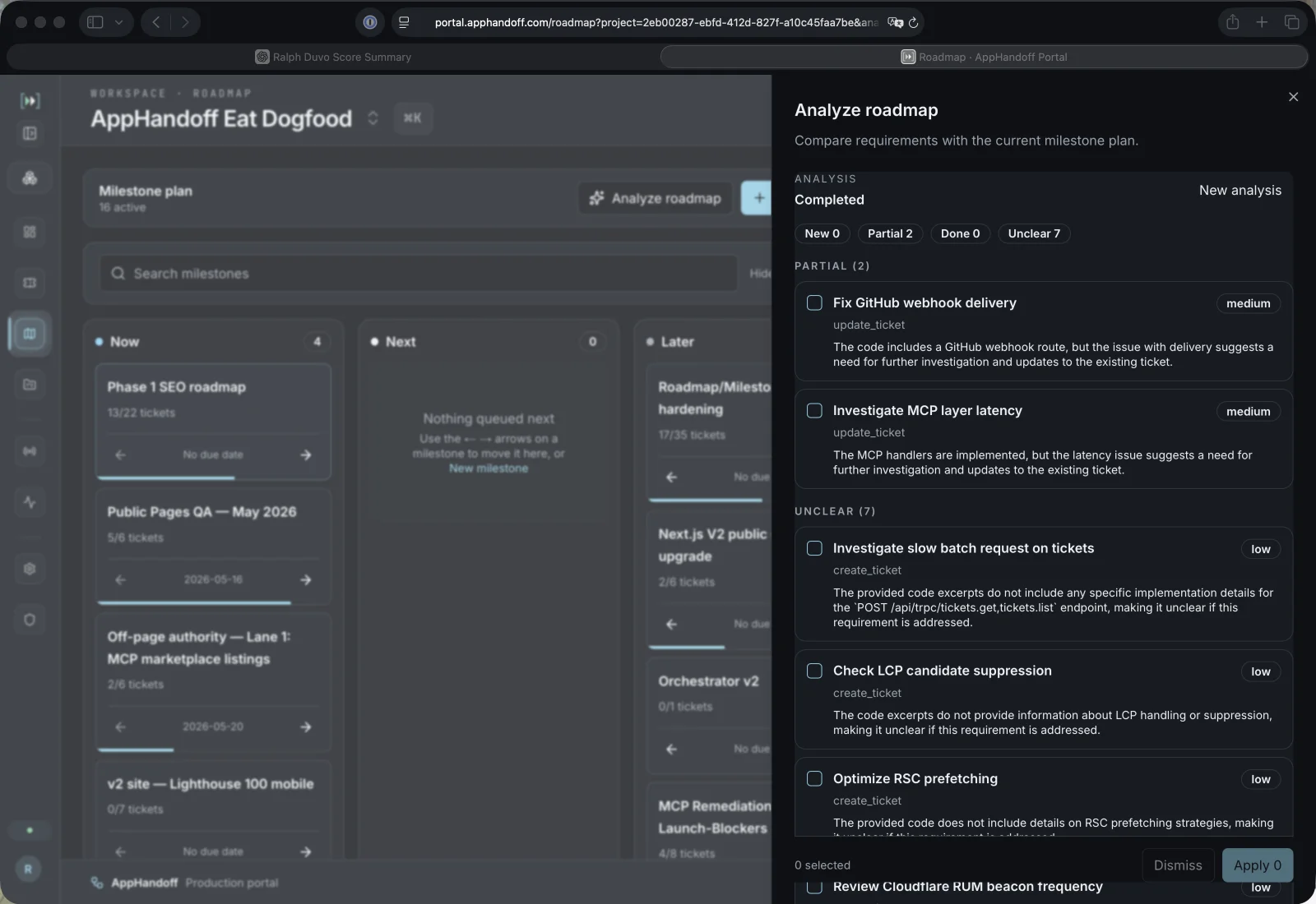 AppHandoff milestone roadmap with the analyze-roadmap panel open