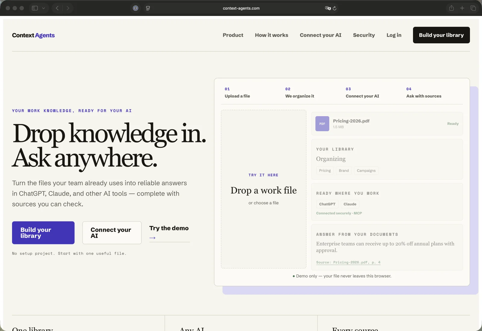 Context Agents product site: drop a work file in, ask anywhere