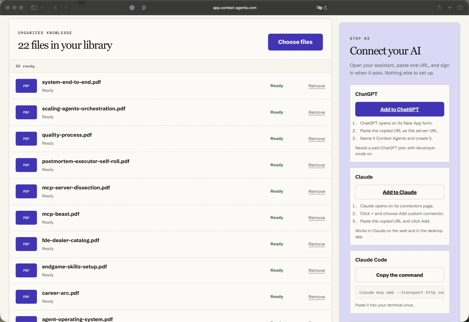 The library itself: 22 ingested documents, all ready, beside the connect-your-AI panel for ChatGPT, Claude and Claude Code