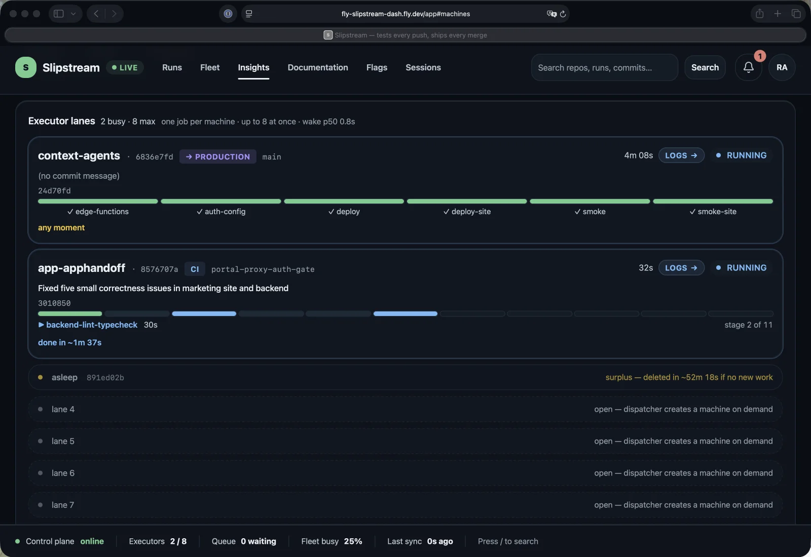 Slipstream executor lanes with two repos building at once
